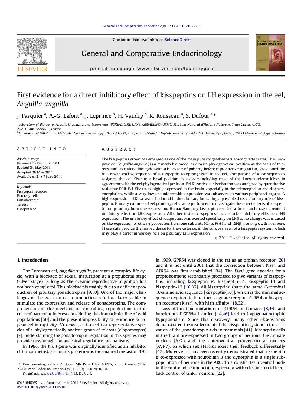 First evidence for a direct inhibitory effect of kisspeptins on LH expression in the eel, Anguilla anguilla