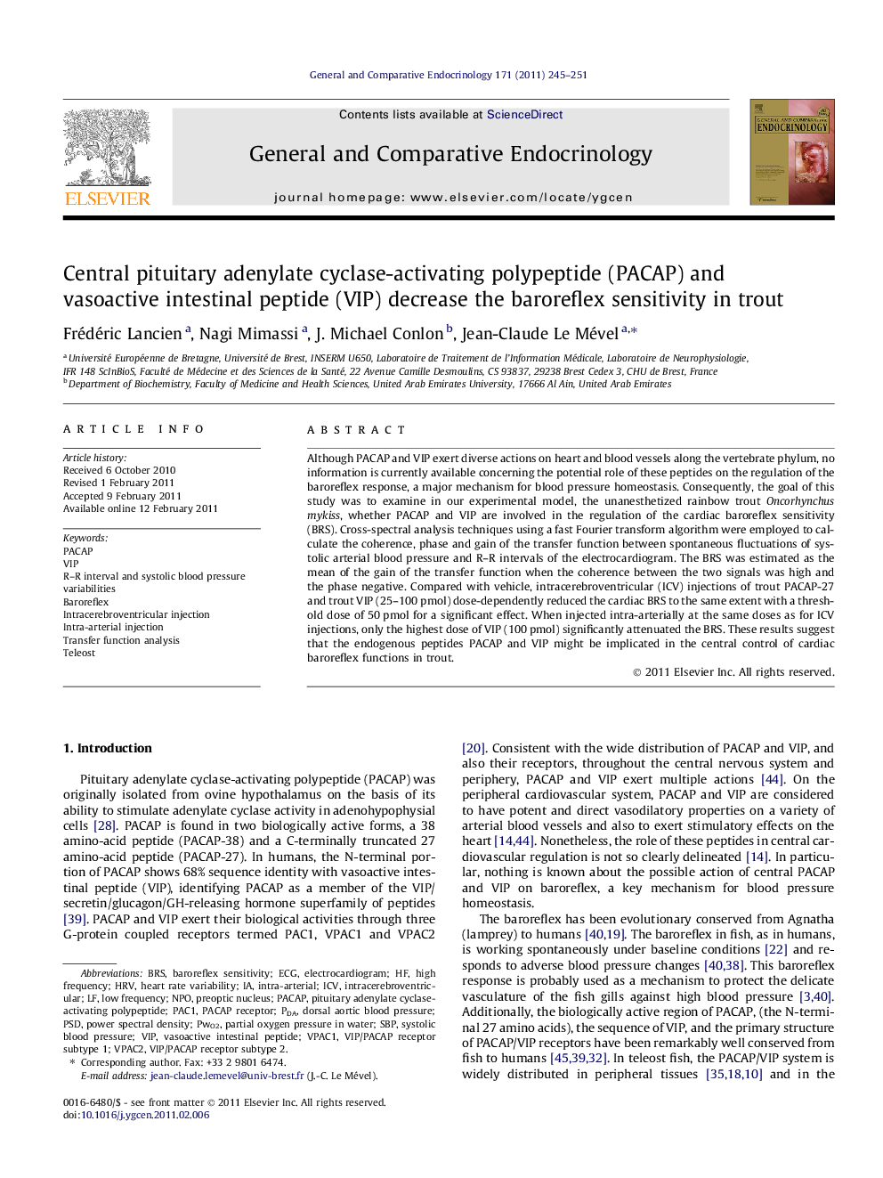 Central pituitary adenylate cyclase-activating polypeptide (PACAP) and vasoactive intestinal peptide (VIP) decrease the baroreflex sensitivity in trout