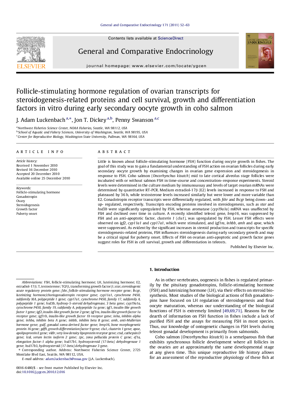 Follicle-stimulating hormone regulation of ovarian transcripts for steroidogenesis-related proteins and cell survival, growth and differentiation factors in vitro during early secondary oocyte growth in coho salmon