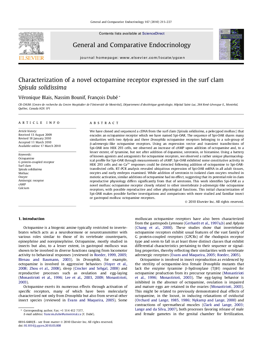 Characterization of a novel octopamine receptor expressed in the surf clam Spisula solidissima