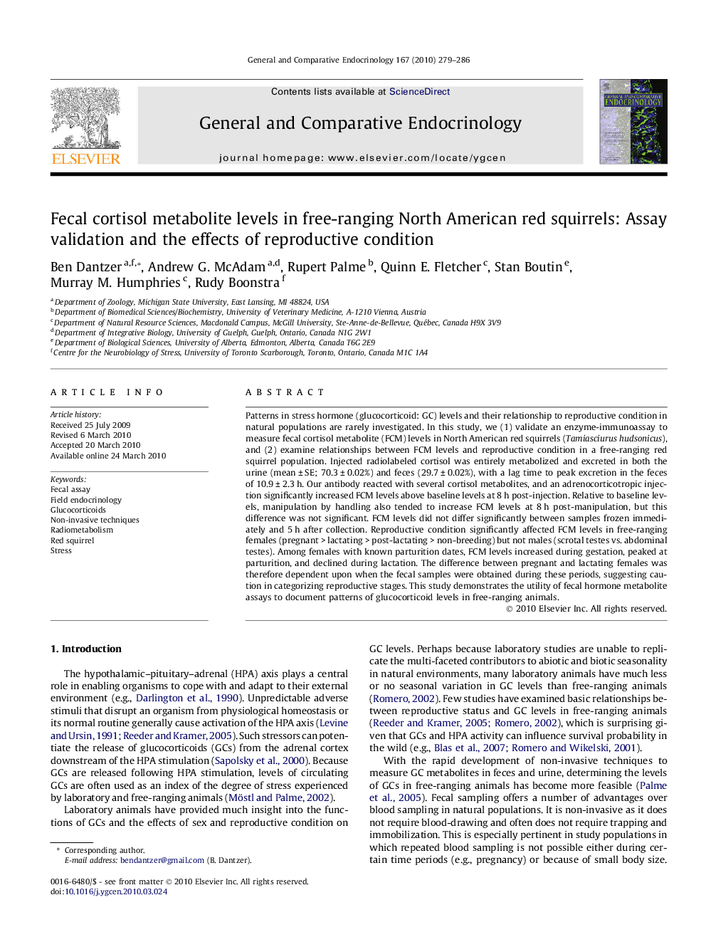 Fecal cortisol metabolite levels in free-ranging North American red squirrels: Assay validation and the effects of reproductive condition