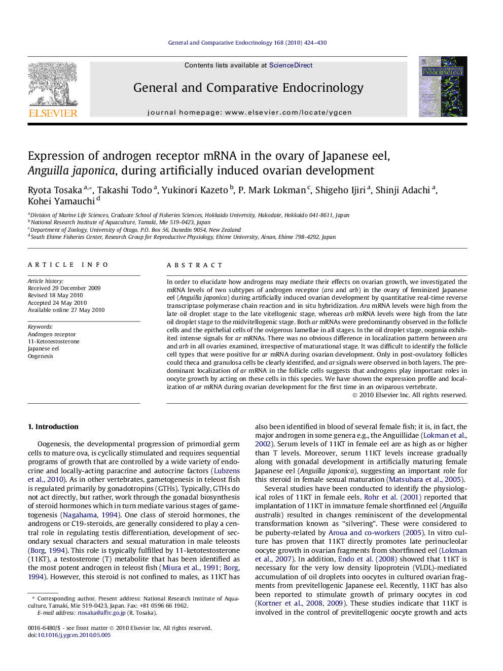 Expression of androgen receptor mRNA in the ovary of Japanese eel, Anguilla japonica, during artificially induced ovarian development