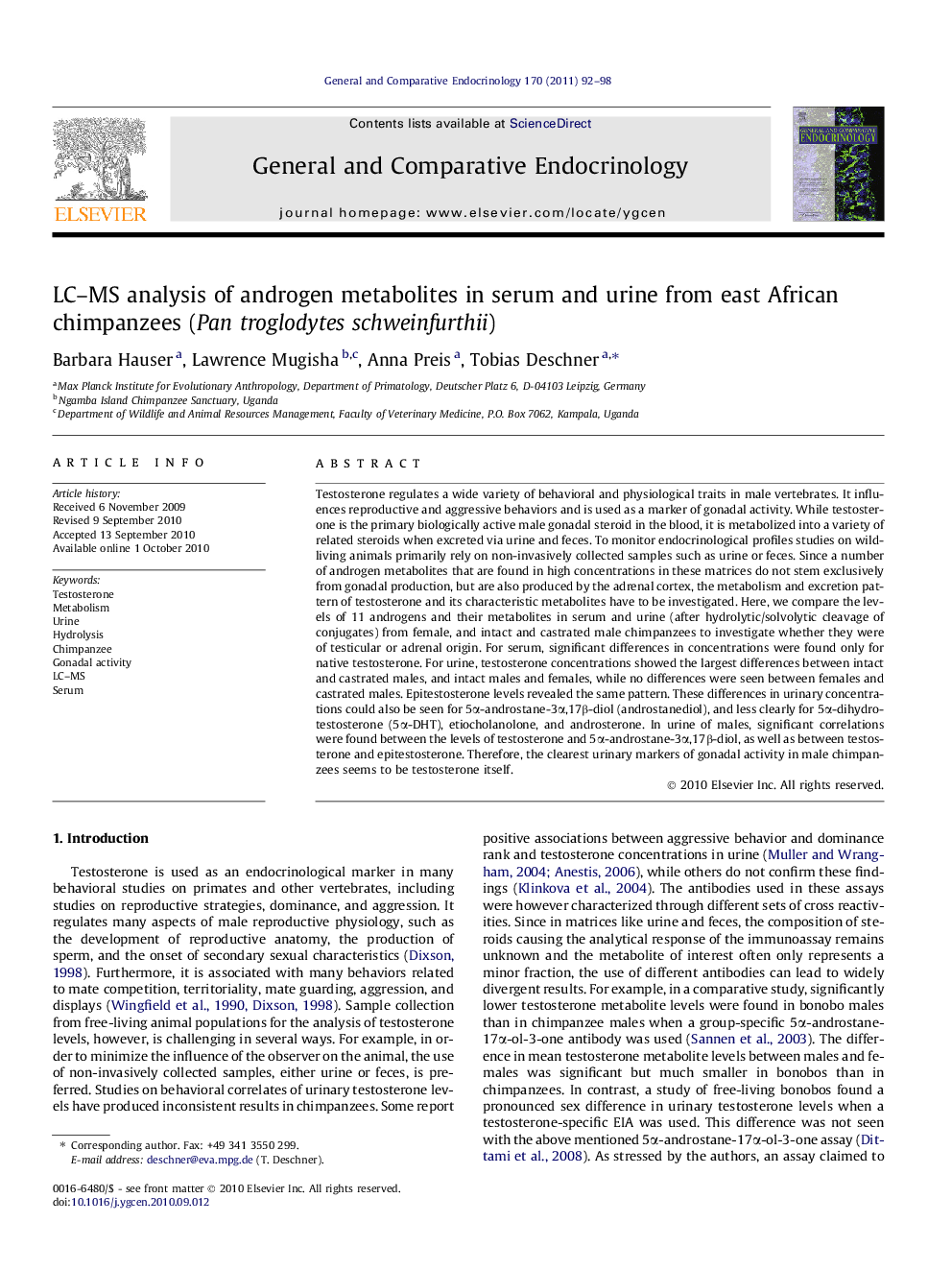 LC–MS analysis of androgen metabolites in serum and urine from east African chimpanzees (Pan troglodytes schweinfurthii)