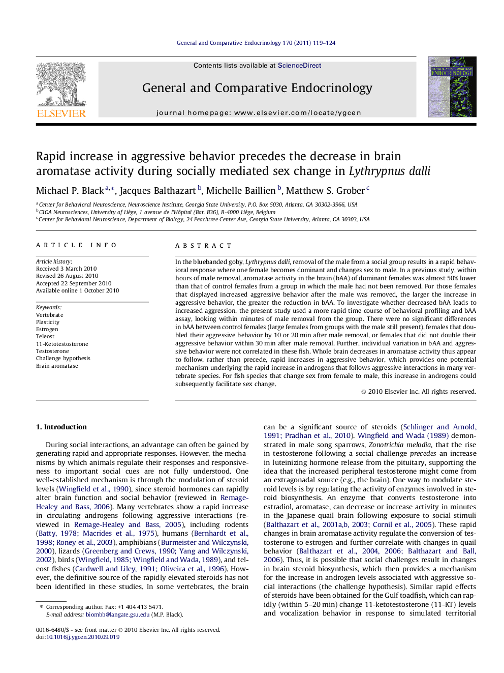 Rapid increase in aggressive behavior precedes the decrease in brain aromatase activity during socially mediated sex change in Lythrypnus dalli