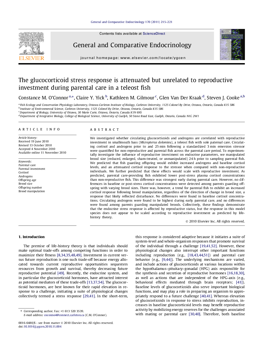 The glucocorticoid stress response is attenuated but unrelated to reproductive investment during parental care in a teleost fish