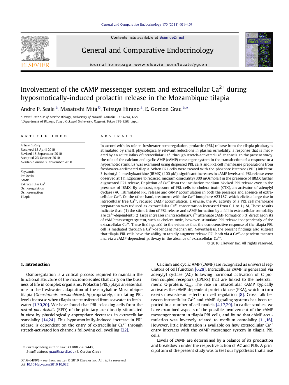 Involvement of the cAMP messenger system and extracellular Ca2+ during hyposmotically-induced prolactin release in the Mozambique tilapia