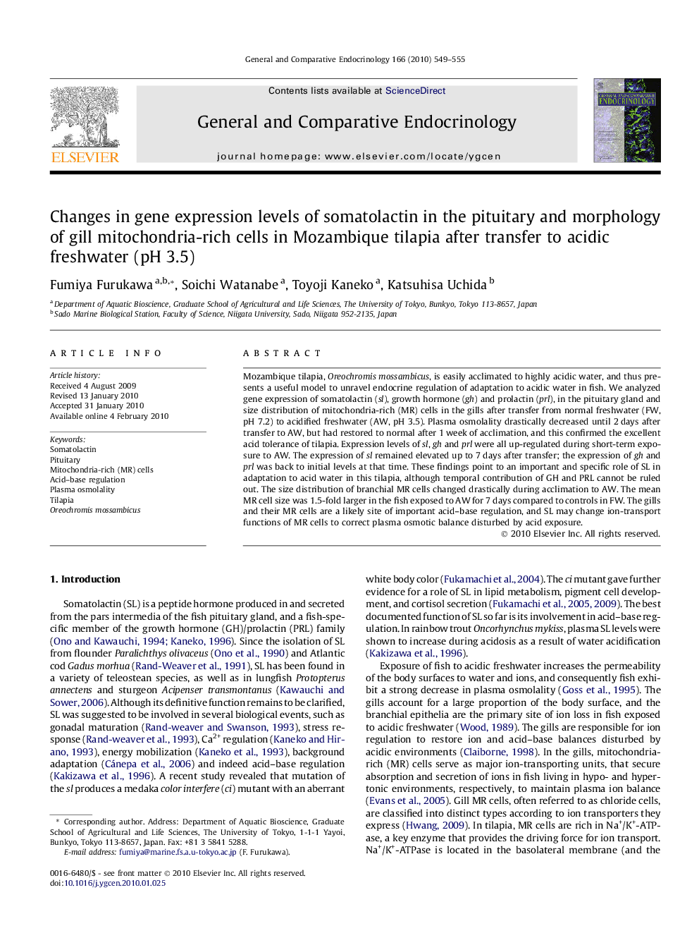 Changes in gene expression levels of somatolactin in the pituitary and morphology of gill mitochondria-rich cells in Mozambique tilapia after transfer to acidic freshwater (pH 3.5)