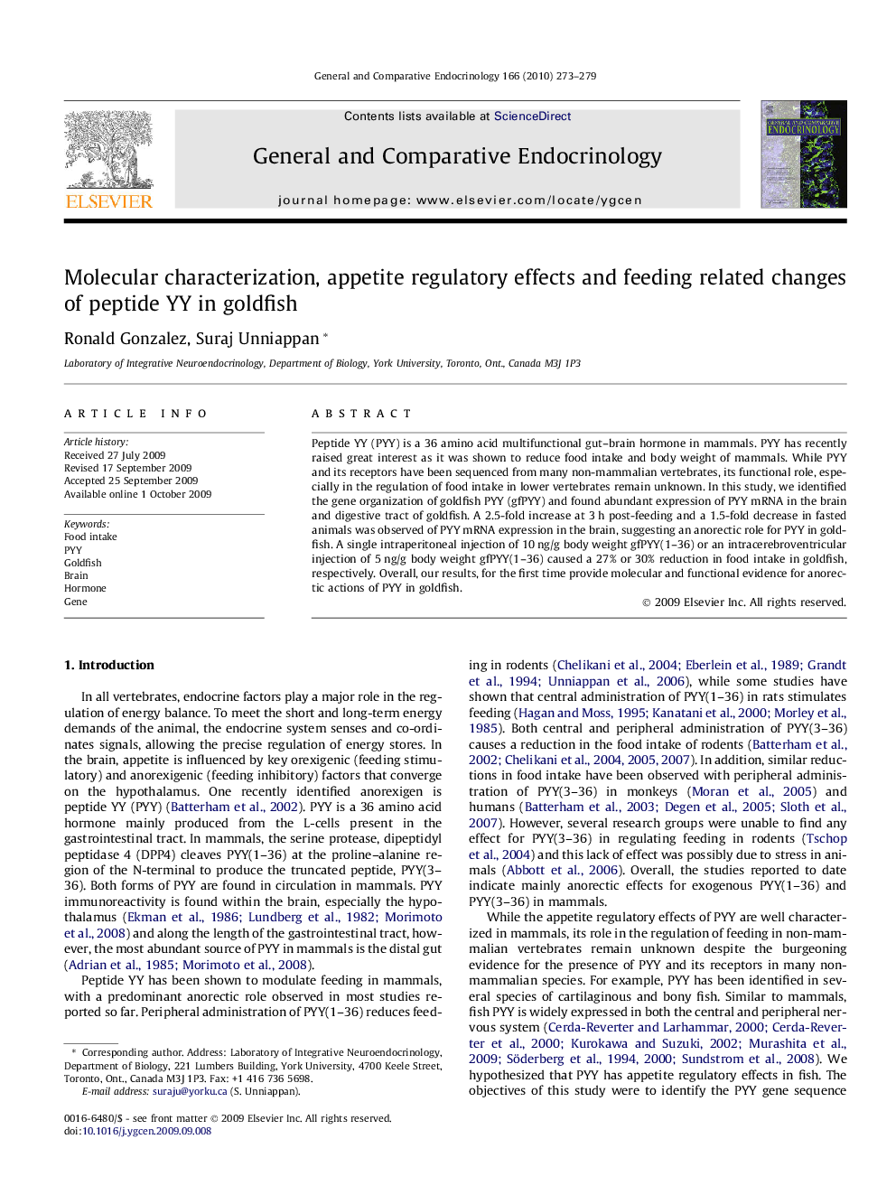 Molecular characterization, appetite regulatory effects and feeding related changes of peptide YY in goldfish