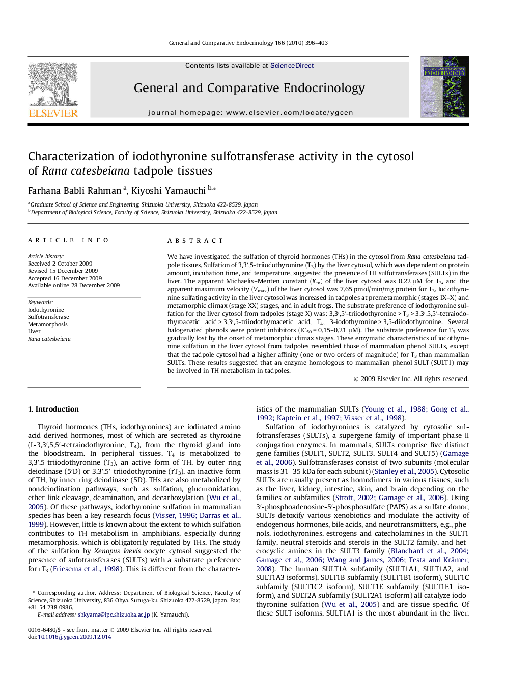 Characterization of iodothyronine sulfotransferase activity in the cytosol of Rana catesbeiana tadpole tissues