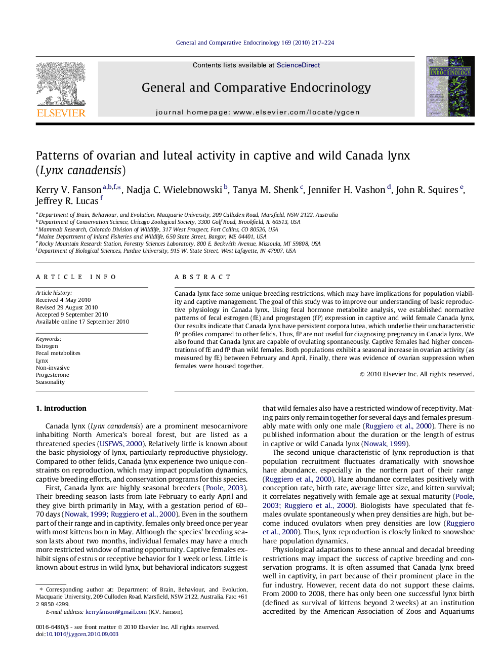 Patterns of ovarian and luteal activity in captive and wild Canada lynx (Lynx canadensis)