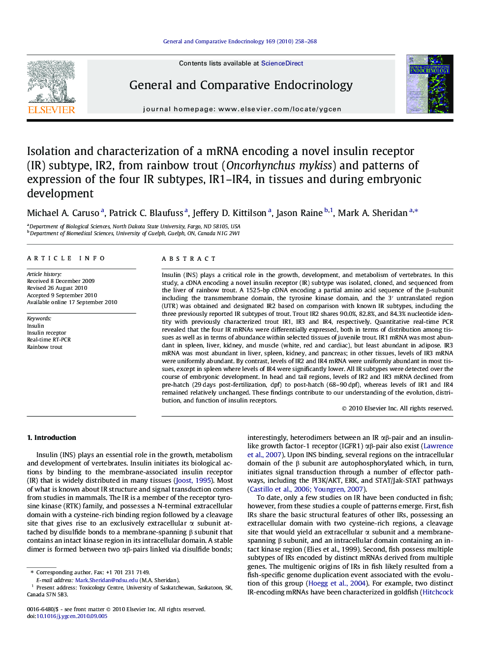 Isolation and characterization of a mRNA encoding a novel insulin receptor (IR) subtype, IR2, from rainbow trout (Oncorhynchus mykiss) and patterns of expression of the four IR subtypes, IR1–IR4, in tissues and during embryonic development