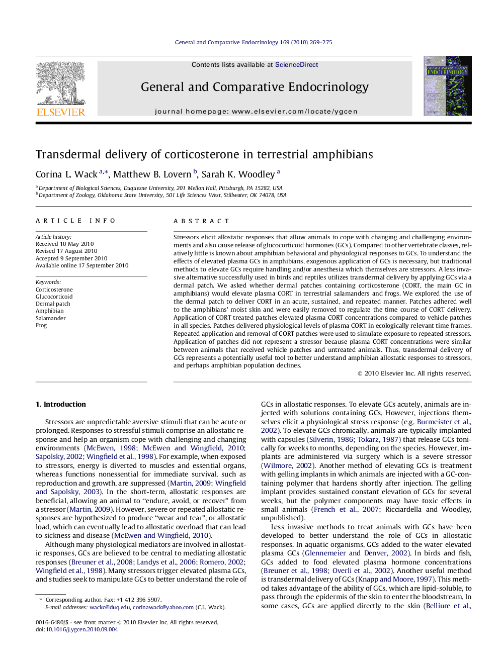 Transdermal delivery of corticosterone in terrestrial amphibians