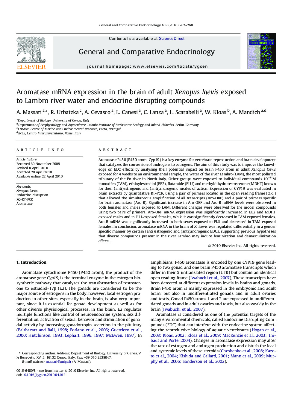 Aromatase mRNA expression in the brain of adult Xenopus laevis exposed to Lambro river water and endocrine disrupting compounds