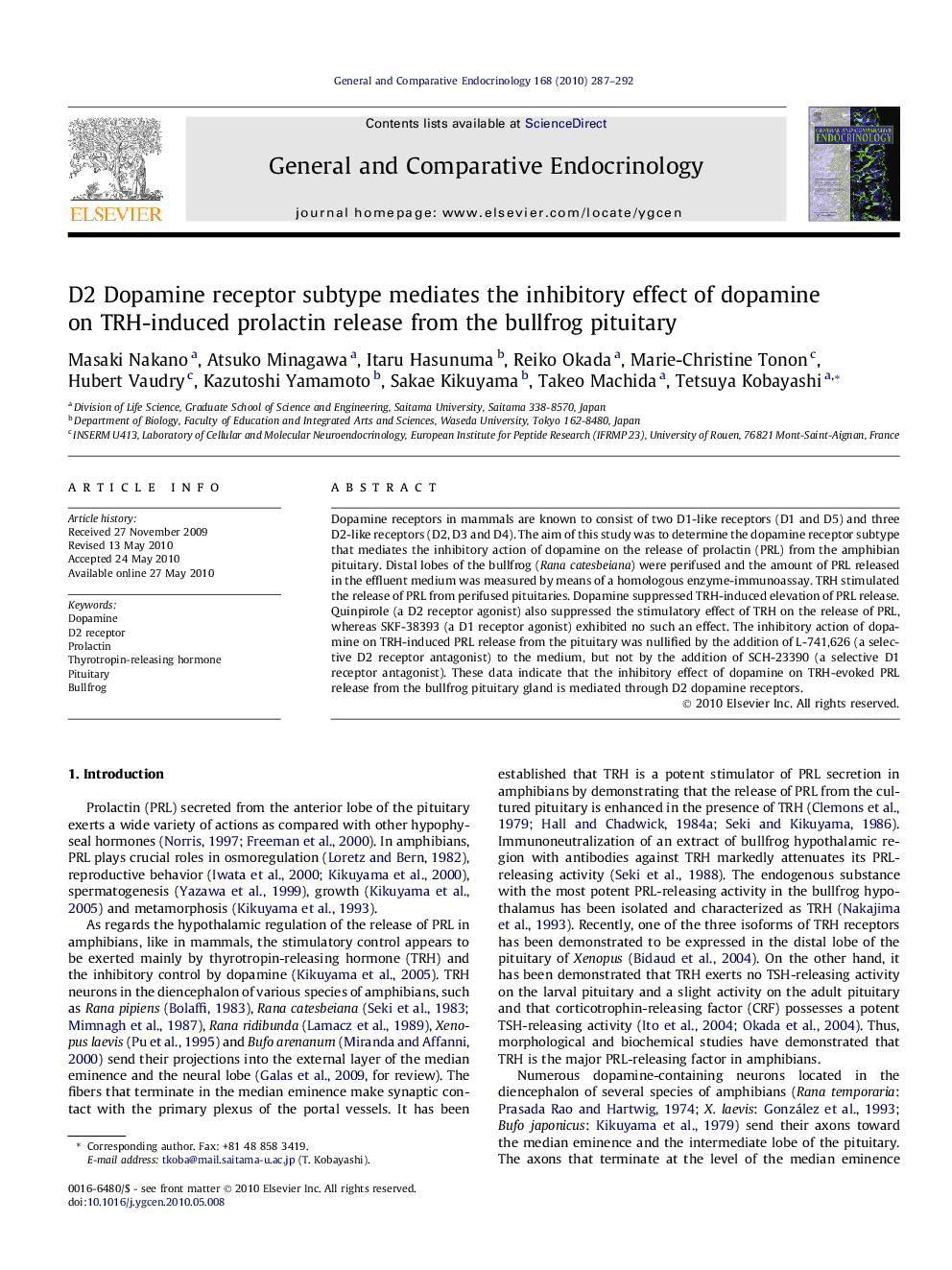 D2 Dopamine receptor subtype mediates the inhibitory effect of dopamine on TRH-induced prolactin release from the bullfrog pituitary