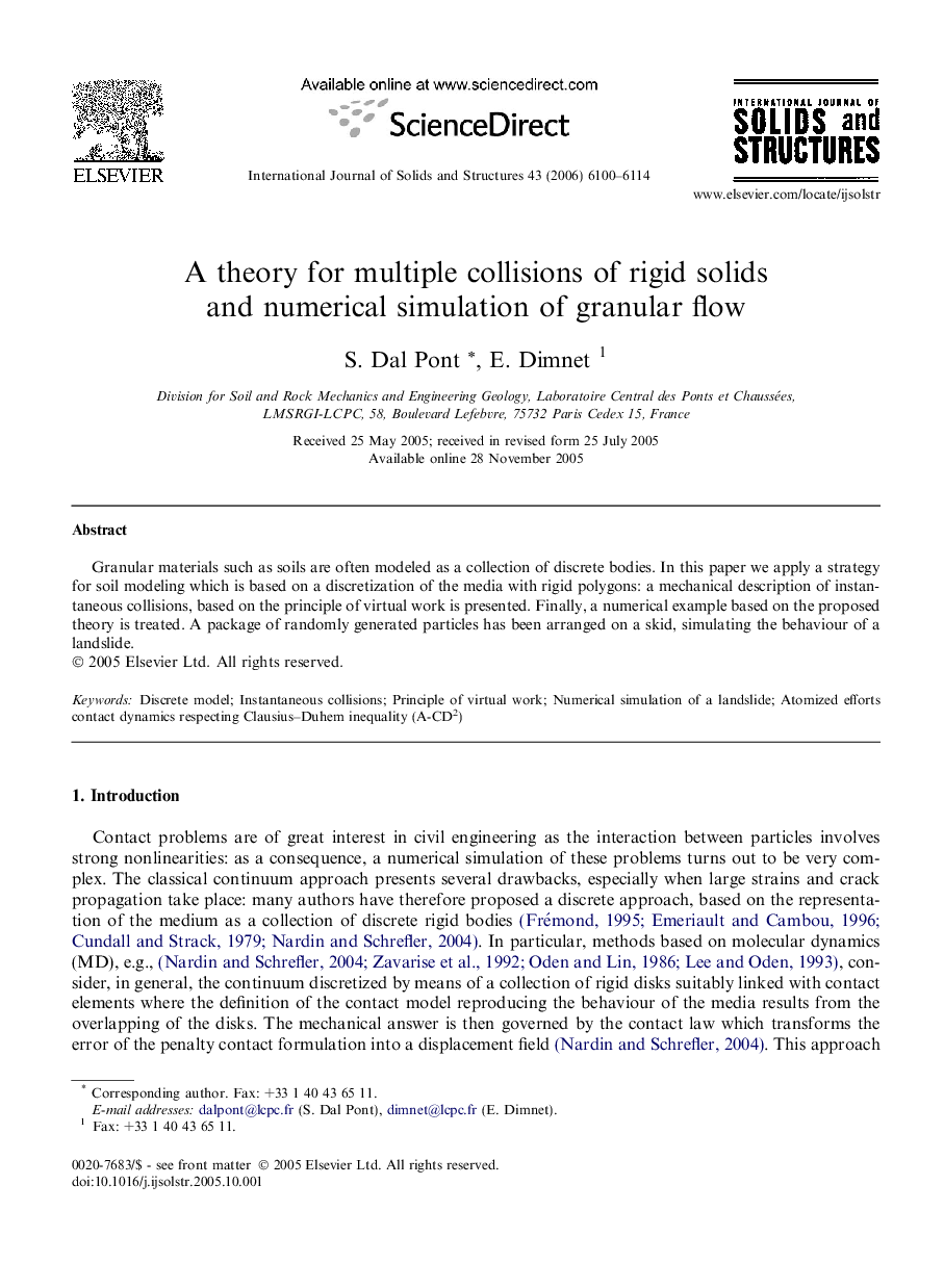 A theory for multiple collisions of rigid solids and numerical simulation of granular flow