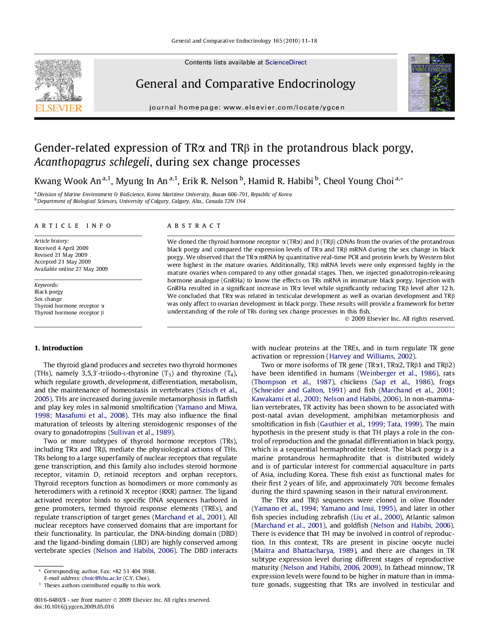 Gender-related expression of TRα and TRβ in the protandrous black porgy, Acanthopagrus schlegeli, during sex change processes