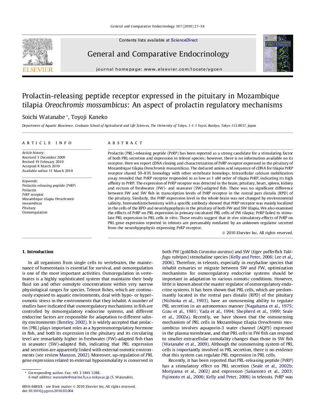 Prolactin-releasing peptide receptor expressed in the pituitary in Mozambique tilapia Oreochromis mossambicus: An aspect of prolactin regulatory mechanisms