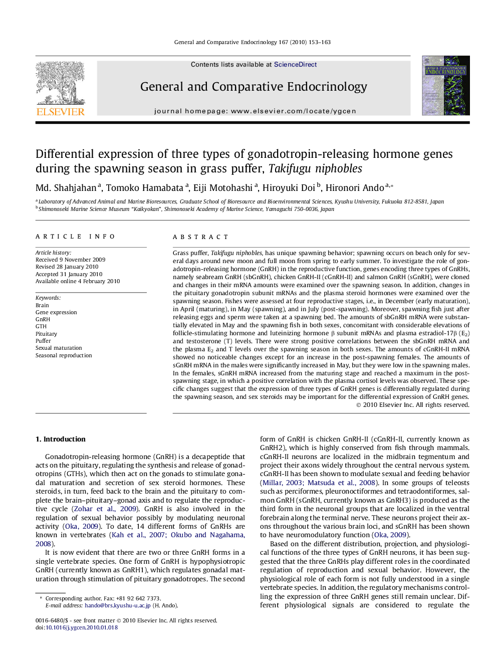 Differential expression of three types of gonadotropin-releasing hormone genes during the spawning season in grass puffer, Takifugu niphobles