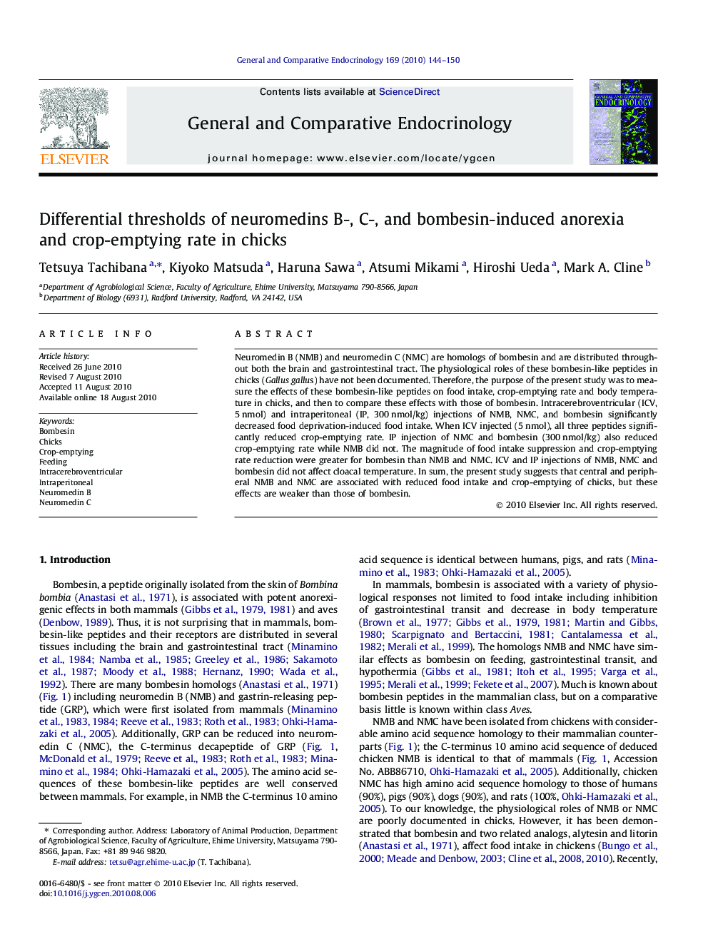 Differential thresholds of neuromedins B-, C-, and bombesin-induced anorexia and crop-emptying rate in chicks