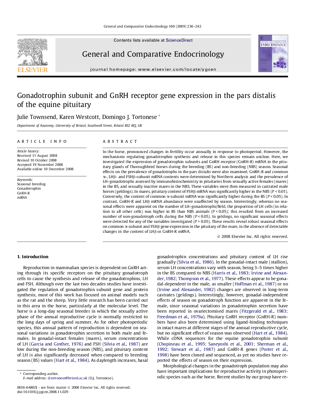 Gonadotrophin subunit and GnRH receptor gene expression in the pars distalis of the equine pituitary