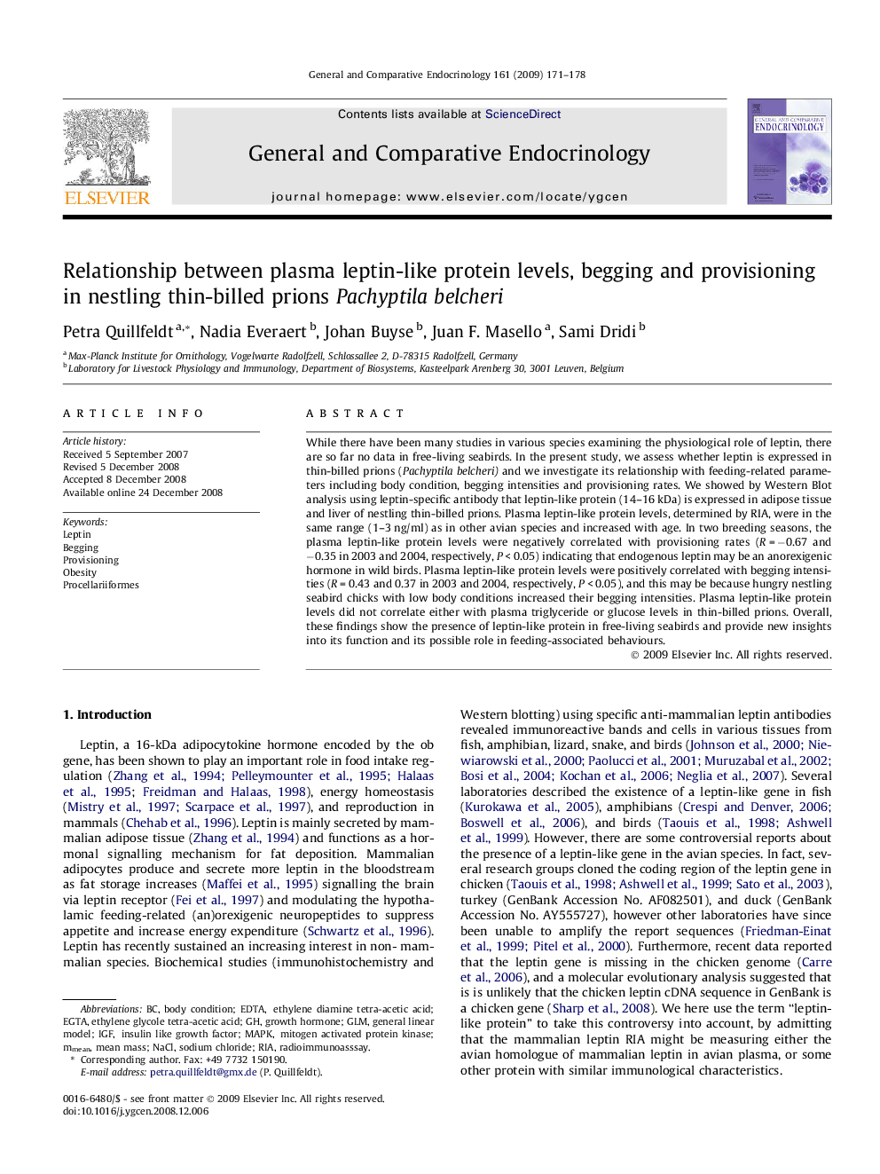 Relationship between plasma leptin-like protein levels, begging and provisioning in nestling thin-billed prions Pachyptila belcheri