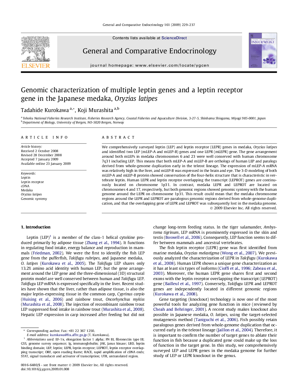 Genomic characterization of multiple leptin genes and a leptin receptor gene in the Japanese medaka, Oryzias latipes