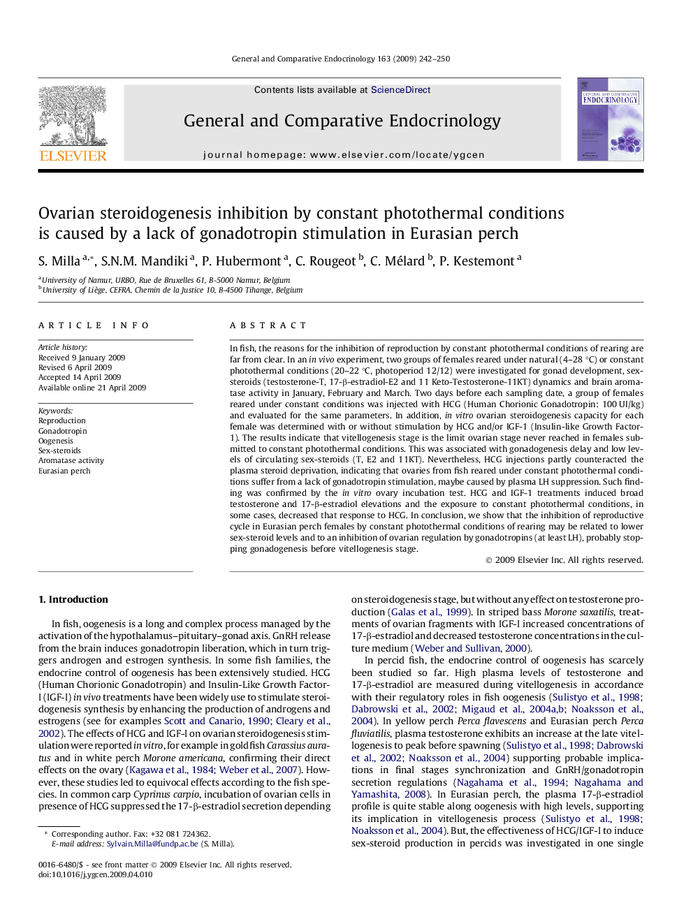 Ovarian steroidogenesis inhibition by constant photothermal conditions is caused by a lack of gonadotropin stimulation in Eurasian perch