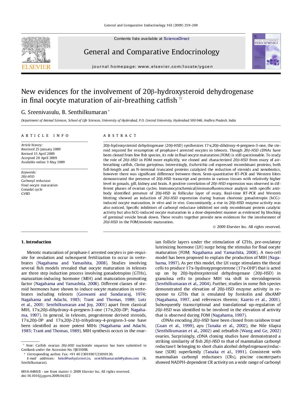 New evidences for the involvement of 20Î²-hydroxysteroid dehydrogenase in final oocyte maturation of air-breathing catfish