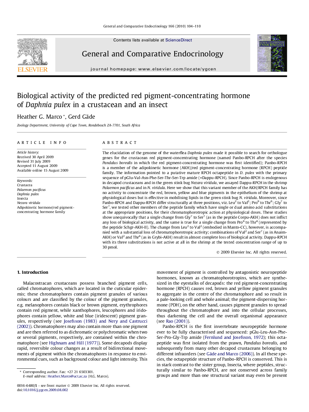 Biological activity of the predicted red pigment-concentrating hormone of Daphnia pulex in a crustacean and an insect