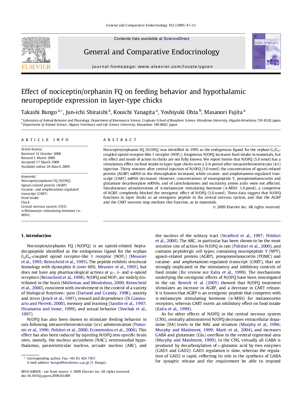 Effect of nociceptin/orphanin FQ on feeding behavior and hypothalamic neuropeptide expression in layer-type chicks