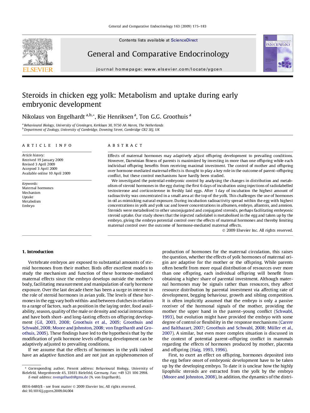 Steroids in chicken egg yolk: Metabolism and uptake during early embryonic development