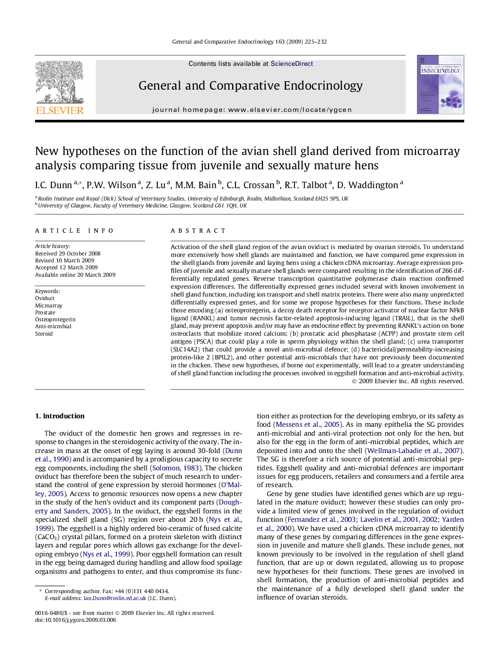 New hypotheses on the function of the avian shell gland derived from microarray analysis comparing tissue from juvenile and sexually mature hens