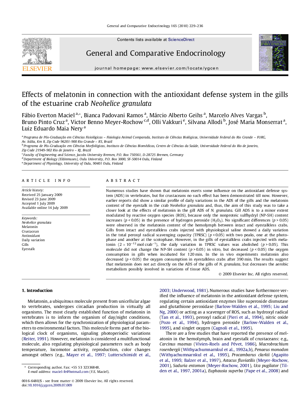 Effects of melatonin in connection with the antioxidant defense system in the gills of the estuarine crab Neohelice granulata