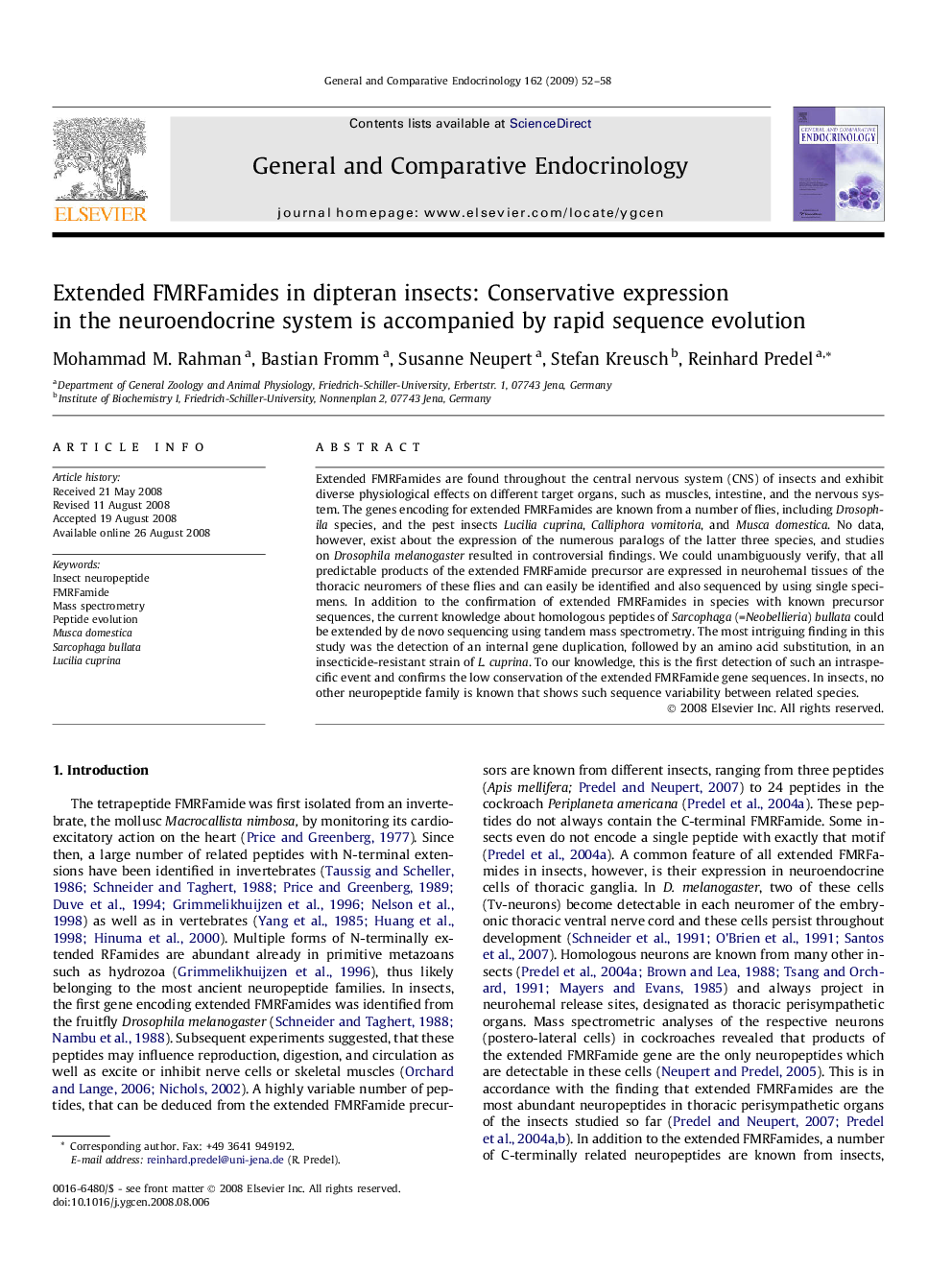 Extended FMRFamides in dipteran insects: Conservative expression in the neuroendocrine system is accompanied by rapid sequence evolution