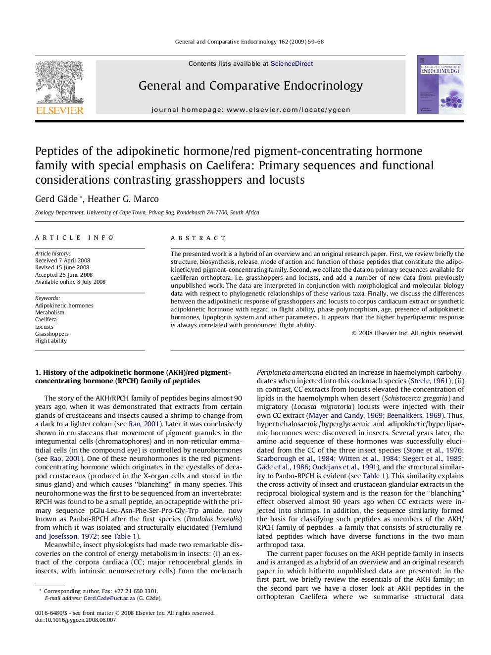 Peptides of the adipokinetic hormone/red pigment-concentrating hormone family with special emphasis on Caelifera: Primary sequences and functional considerations contrasting grasshoppers and locusts