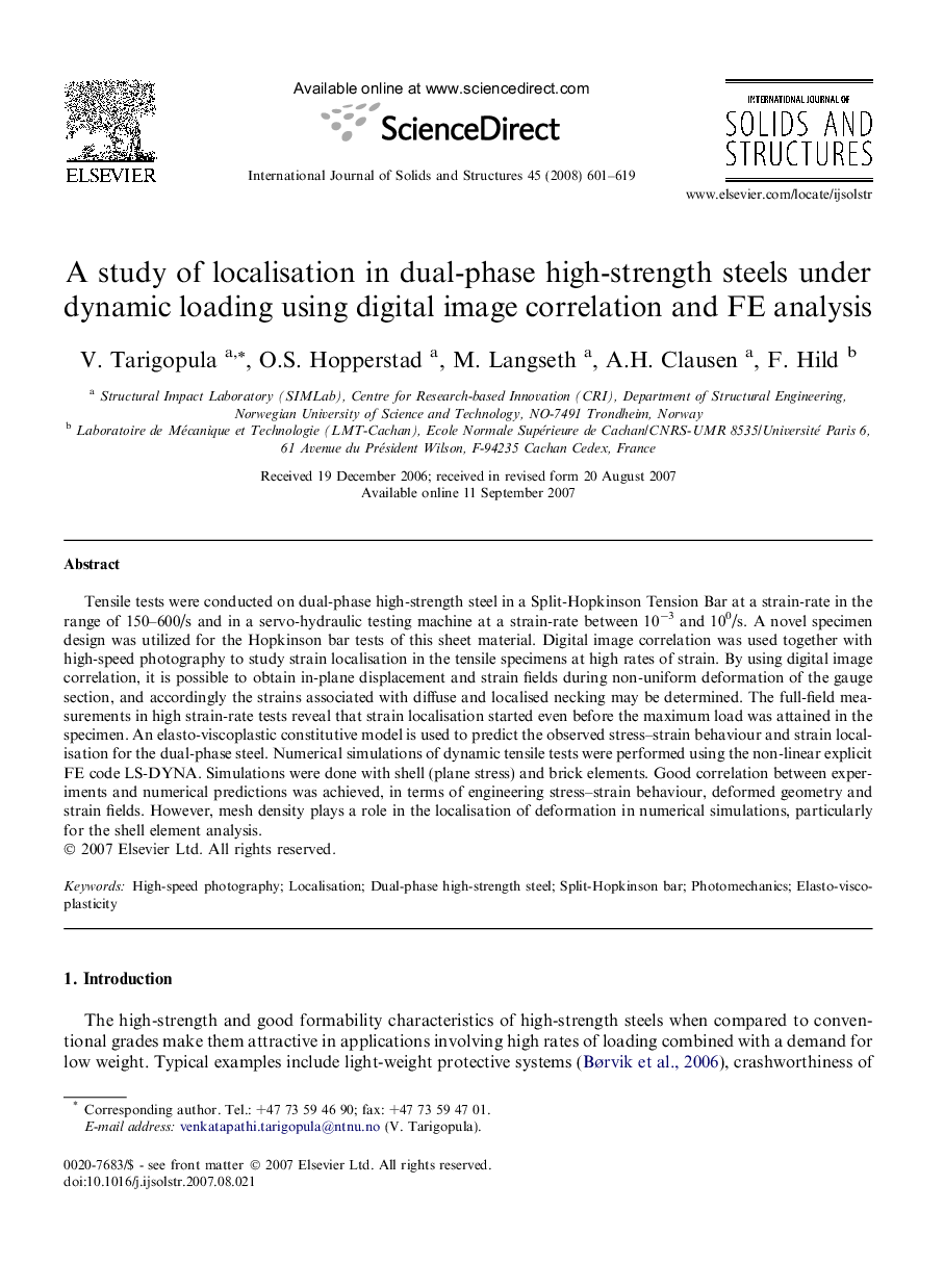 A study of localisation in dual-phase high-strength steels under dynamic loading using digital image correlation and FE analysis