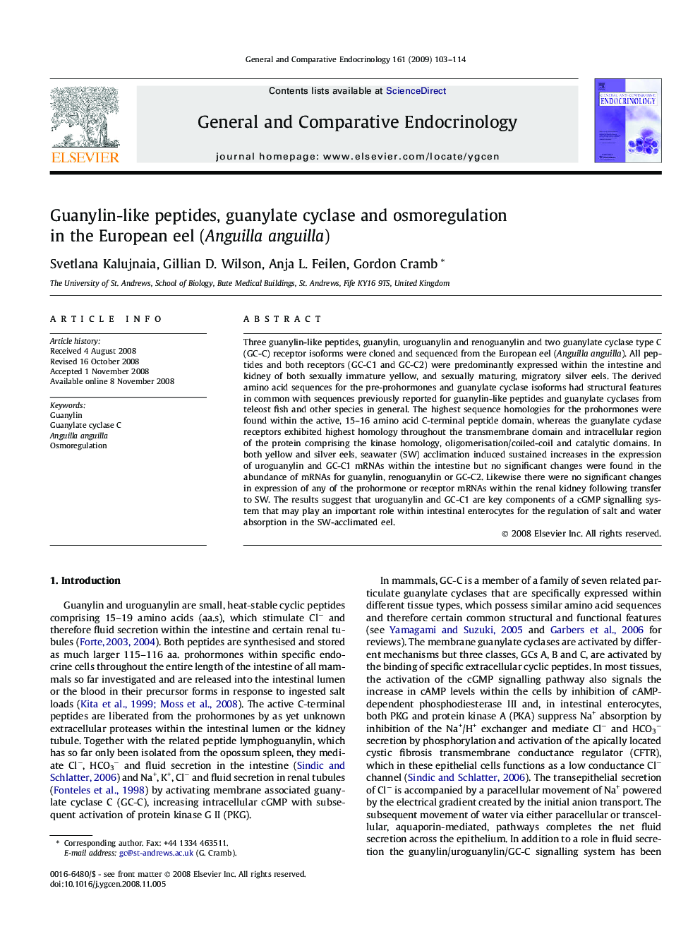 Guanylin-like peptides, guanylate cyclase and osmoregulation in the European eel (Anguilla anguilla)