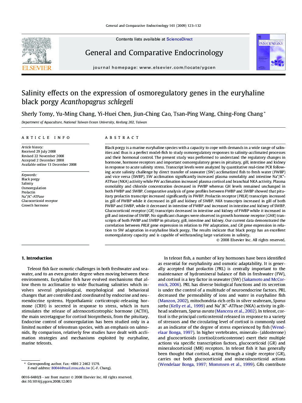 Salinity effects on the expression of osmoregulatory genes in the euryhaline black porgy Acanthopagrus schlegeli