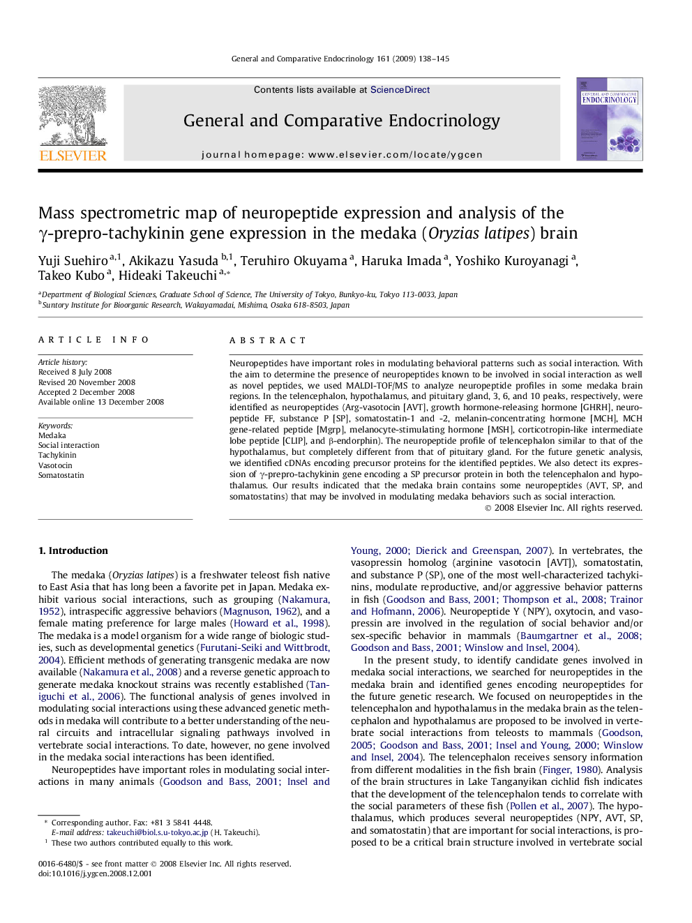 Mass spectrometric map of neuropeptide expression and analysis of the γ-prepro-tachykinin gene expression in the medaka (Oryzias latipes) brain