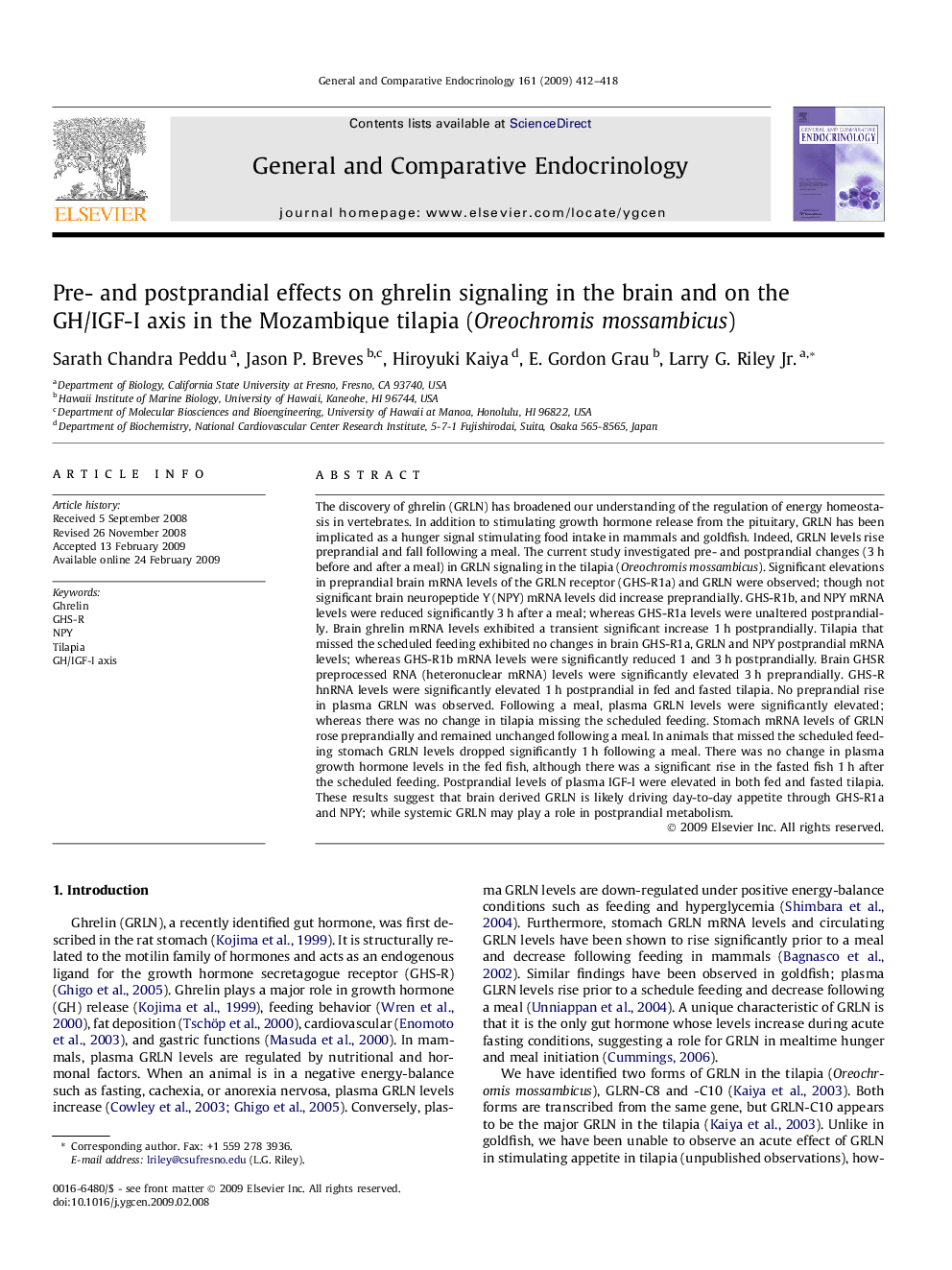 Pre- and postprandial effects on ghrelin signaling in the brain and on the GH/IGF-I axis in the Mozambique tilapia (Oreochromis mossambicus)