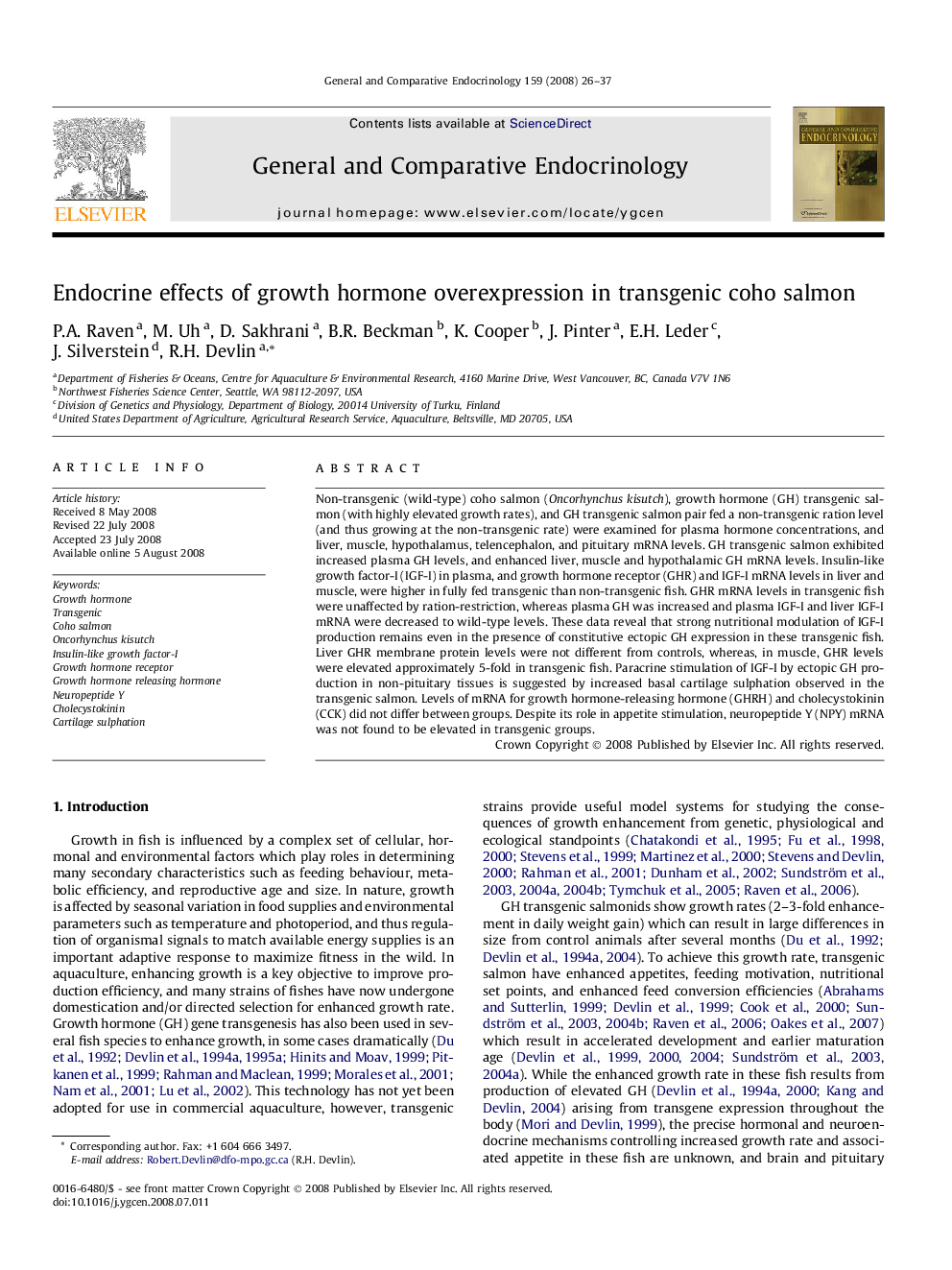 Endocrine effects of growth hormone overexpression in transgenic coho salmon