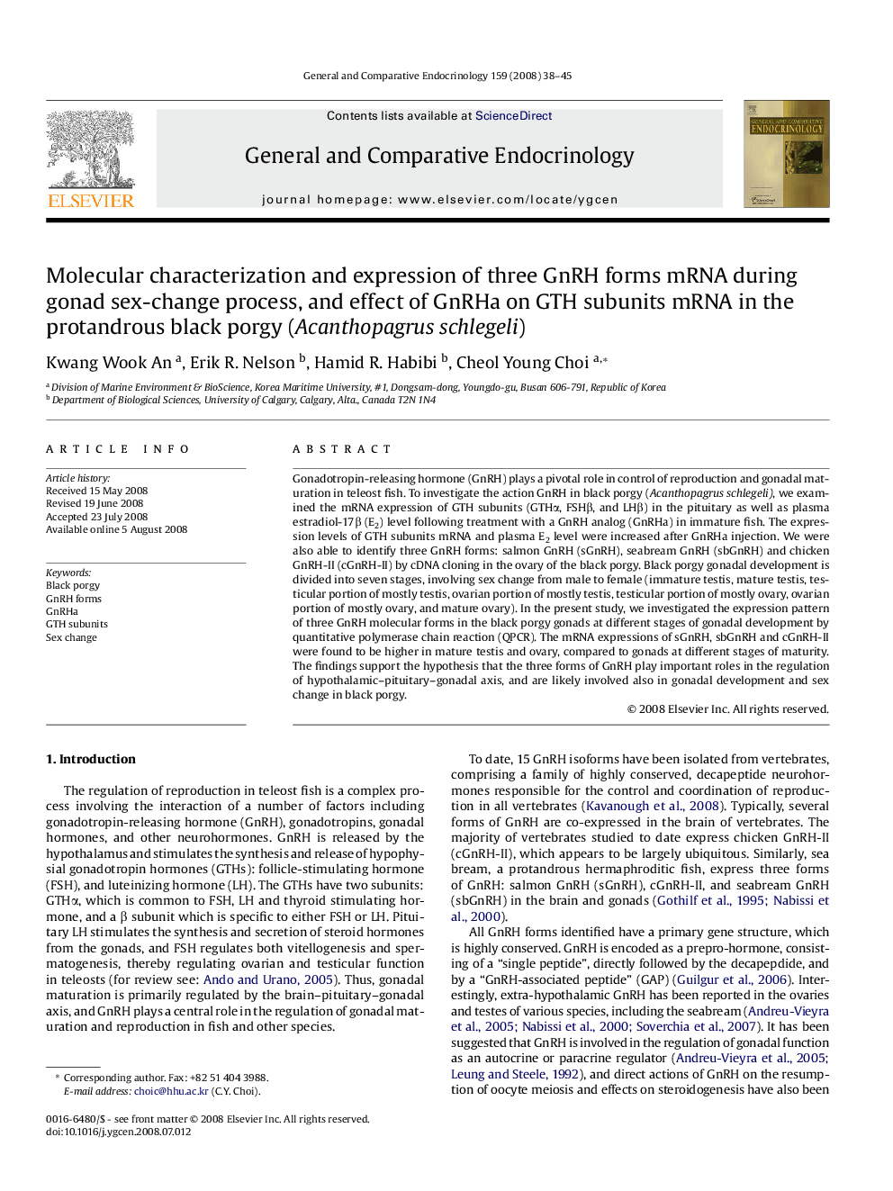 Molecular characterization and expression of three GnRH forms mRNA during gonad sex-change process, and effect of GnRHa on GTH subunits mRNA in the protandrous black porgy (Acanthopagrus schlegeli)