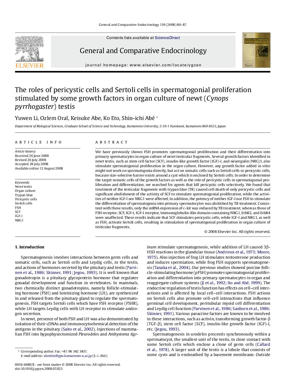 The roles of pericystic cells and Sertoli cells in spermatogonial proliferation stimulated by some growth factors in organ culture of newt (Cynops pyrrhogaster) testis