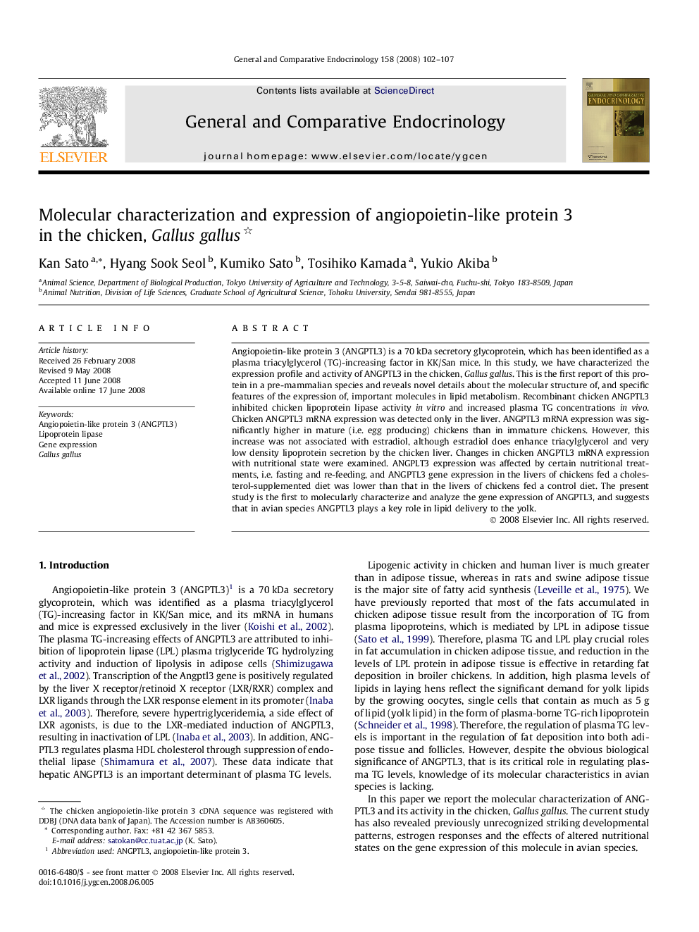 Molecular characterization and expression of angiopoietin-like protein 3 in the chicken, Gallus gallus 