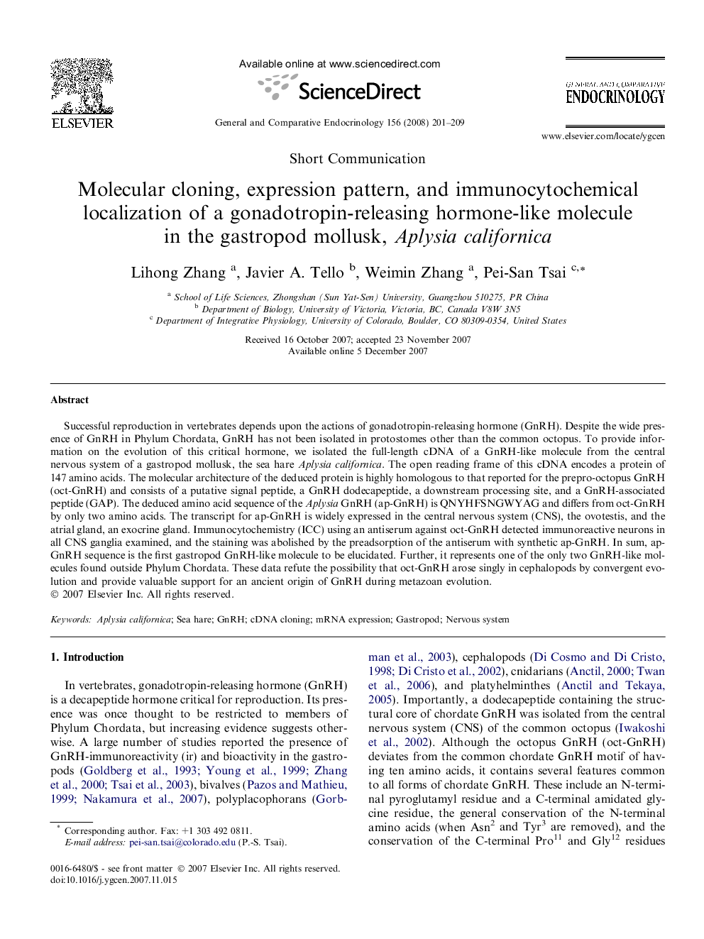 Molecular cloning, expression pattern, and immunocytochemical localization of a gonadotropin-releasing hormone-like molecule in the gastropod mollusk, Aplysia californica