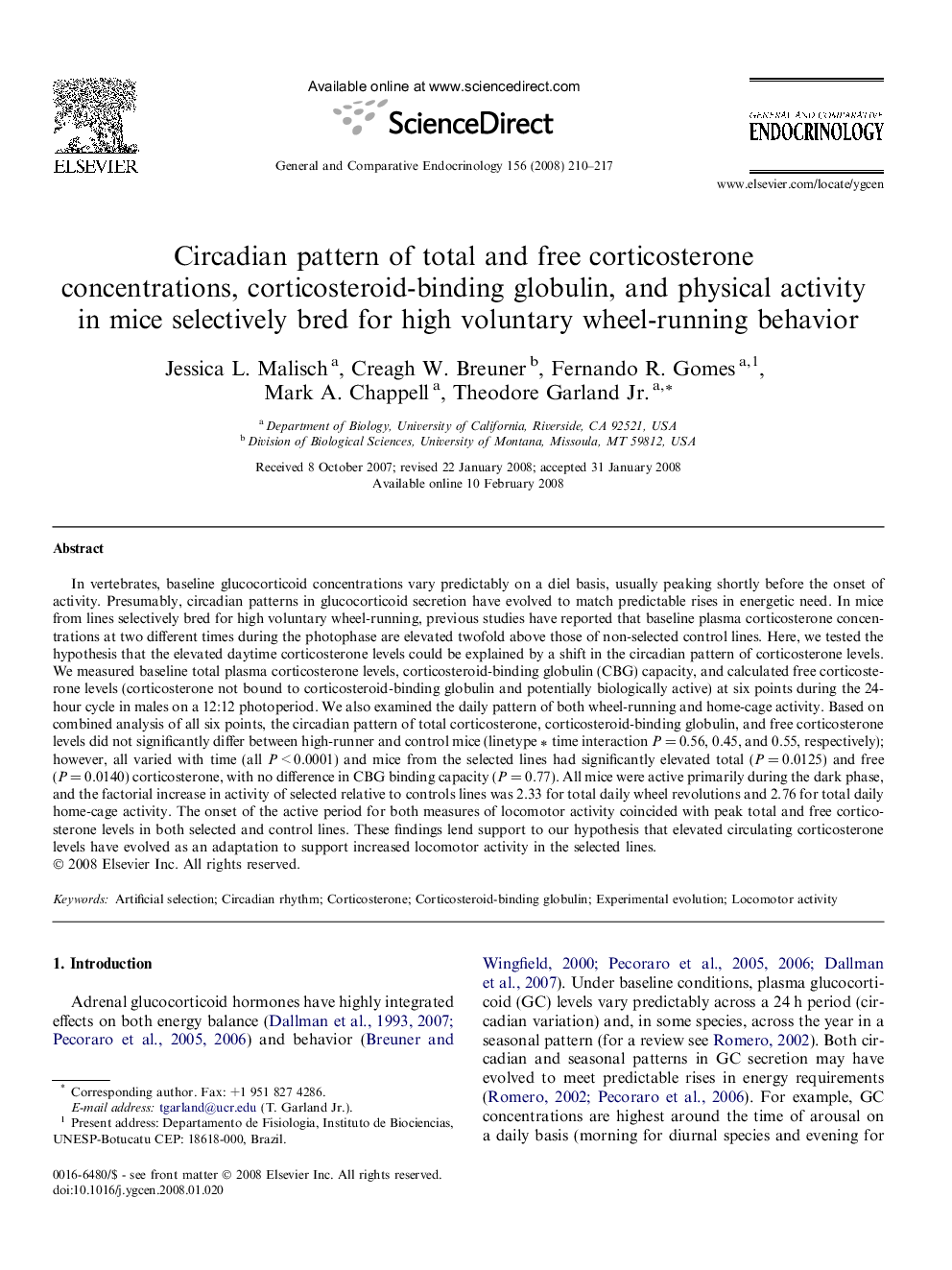 Circadian pattern of total and free corticosterone concentrations, corticosteroid-binding globulin, and physical activity in mice selectively bred for high voluntary wheel-running behavior