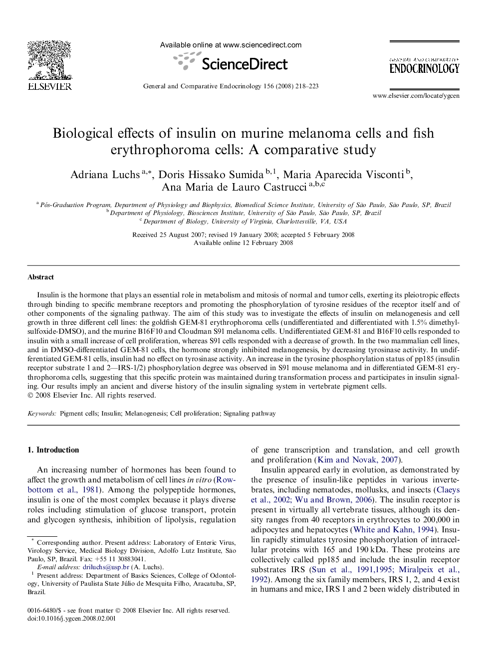 Biological effects of insulin on murine melanoma cells and fish erythrophoroma cells: A comparative study