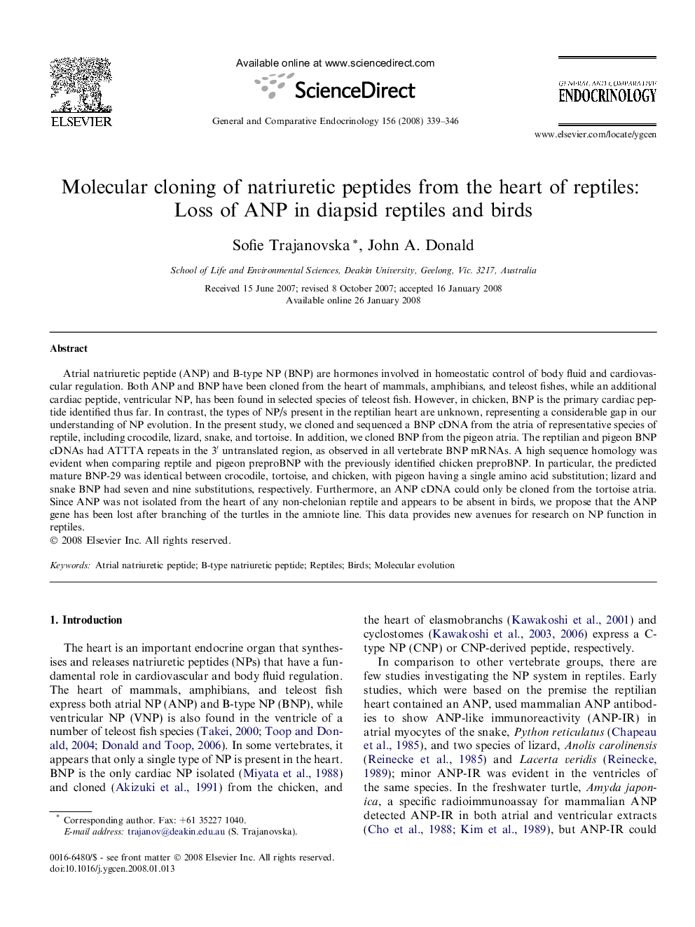 Molecular cloning of natriuretic peptides from the heart of reptiles: Loss of ANP in diapsid reptiles and birds