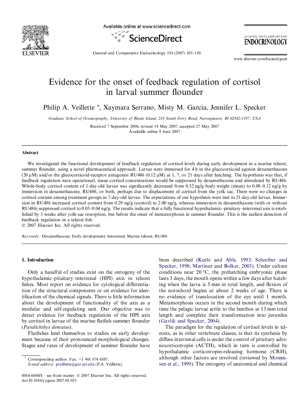 Evidence for the onset of feedback regulation of cortisol in larval summer flounder