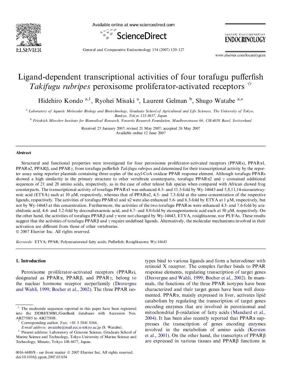 Ligand-dependent transcriptional activities of four torafugu pufferfish Takifugu rubripes peroxisome proliferator-activated receptors 